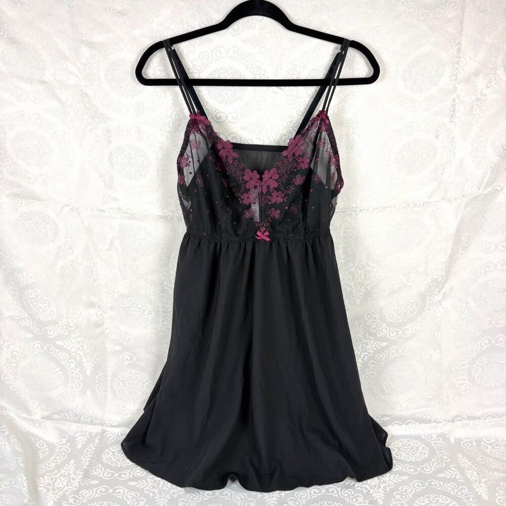 Cacique Babydoll Top Slip Lingerie Top Black Floral Embroidered Size XL 18/20